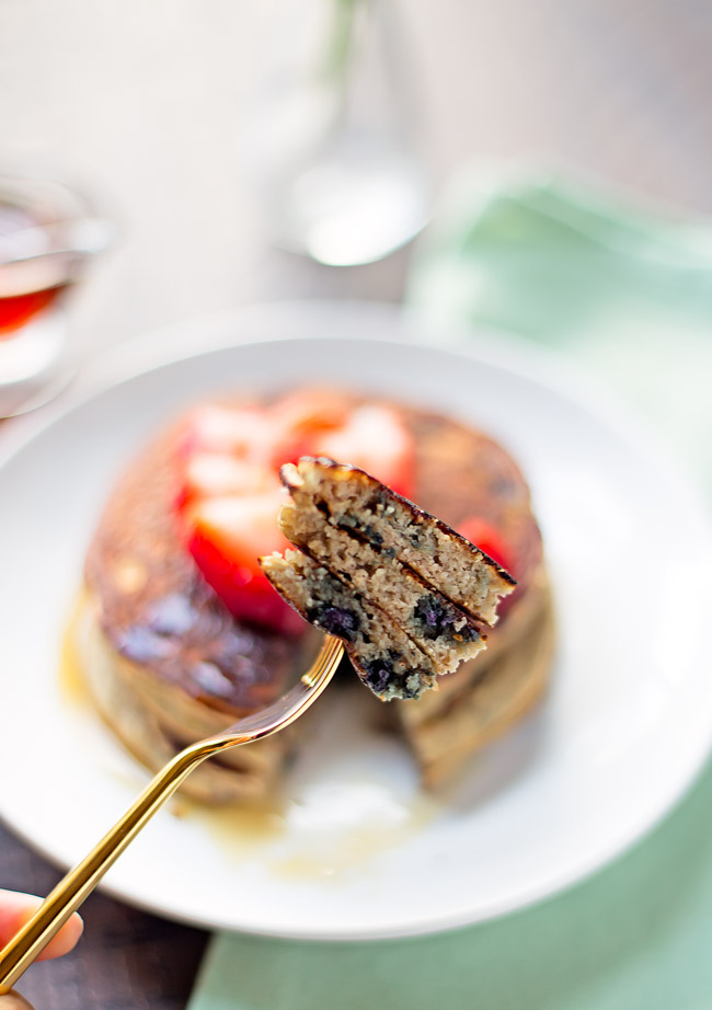 The best coconut flour pancakes - tender, fluffy, gluten-free pancakes packed with blueberries!