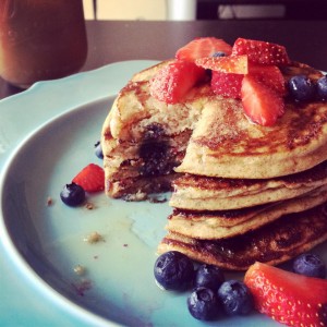 The best coconut flour pancakes - tender, fluffy, gluten-free pancakes packed with blueberries!