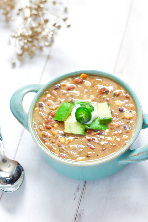 Easy, healthy White Chicken Chili. Gluten free, dairy free and made right in the crockpot!