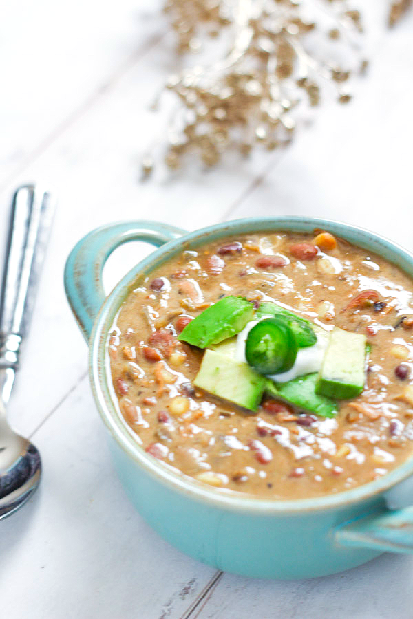 Easy, healthy White Chicken Chili. Gluten free, dairy free and made right in the crockpot!