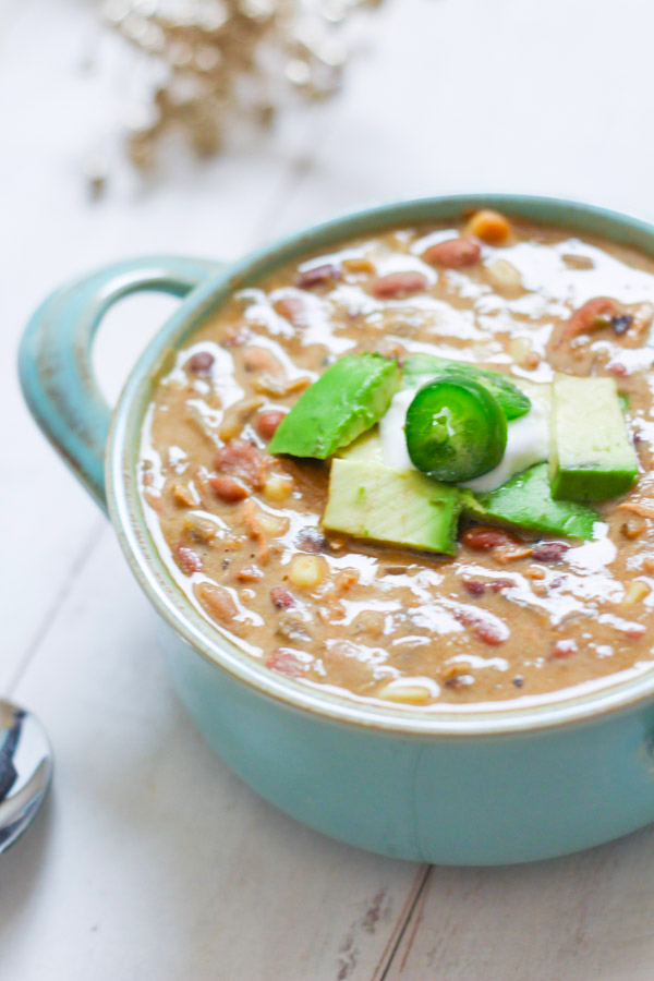 Easy, healthy White Chicken Chili. Gluten free, dairy free and made right in the crockpot!