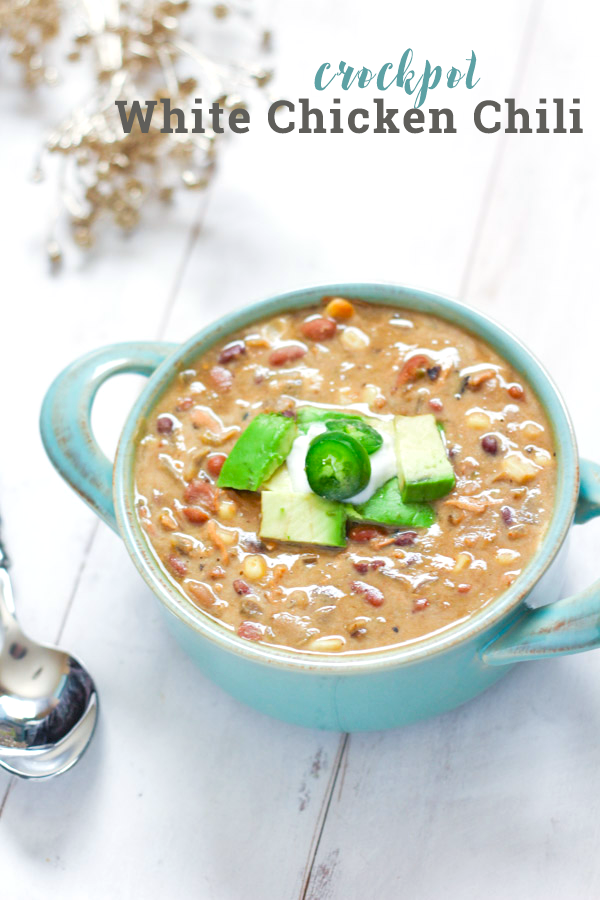 Easy, healthy White Chicken Chili. Gluten free, dairy free and made right in the crockpot!