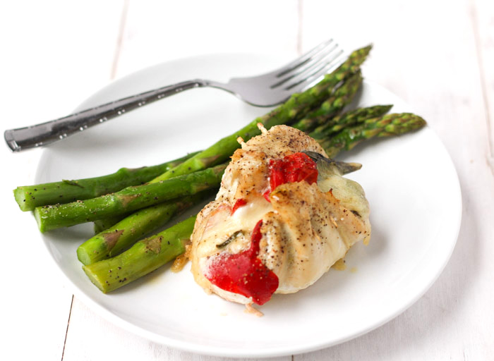 Roasted Red Pepper Stuffed Chicken with basil and mozzarella via thebalancedberry.com