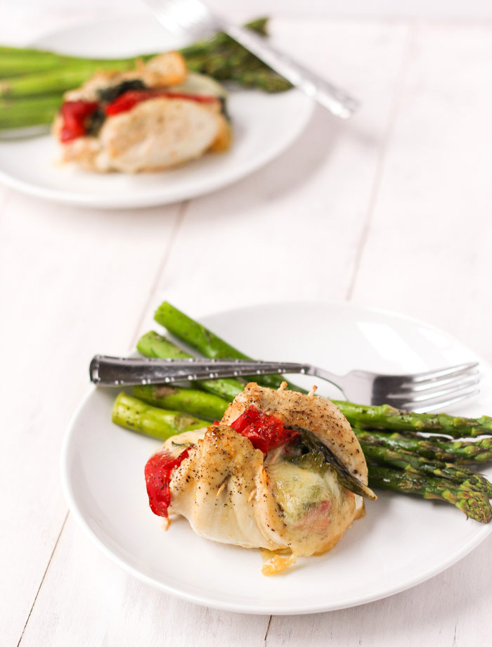 Roasted Red Pepper Stuffed Chicken with basil and mozzarella via thebalancedberry.com