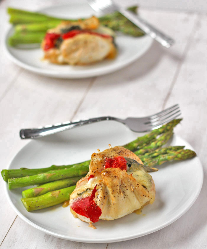 Roasted Red Pepper Stuffed Chicken with basil and mozzarella via thebalancedberry.com