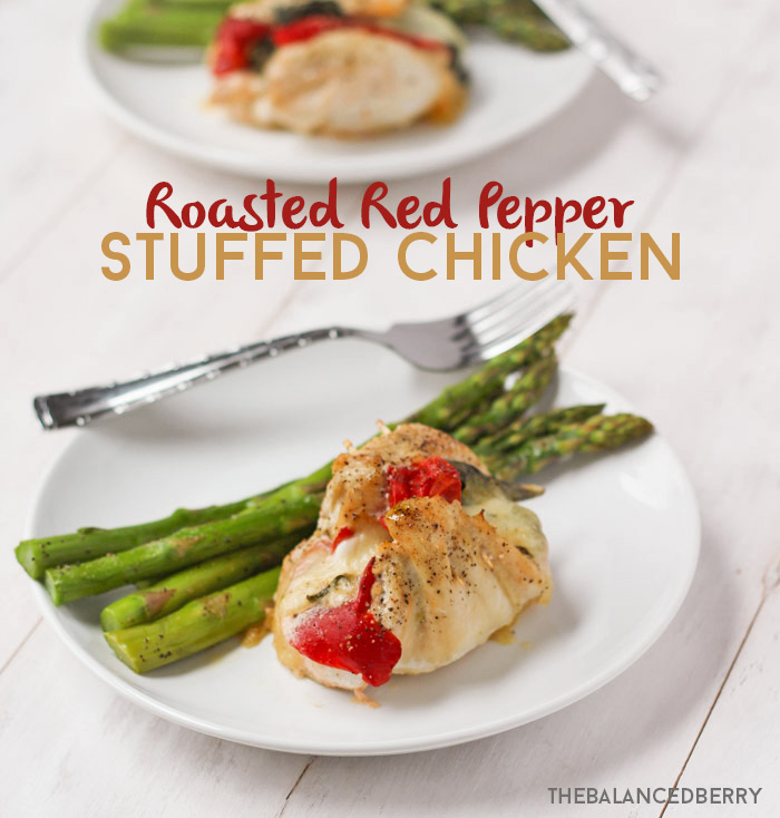 Roasted Red Pepper Stuffed Chicken with basil and mozzarella via thebalancedberry.com