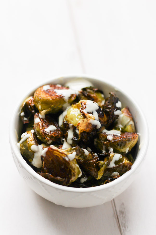 Maple Balsamic Brussels Sprouts with Lemon Tahini via thebalancedberry.com