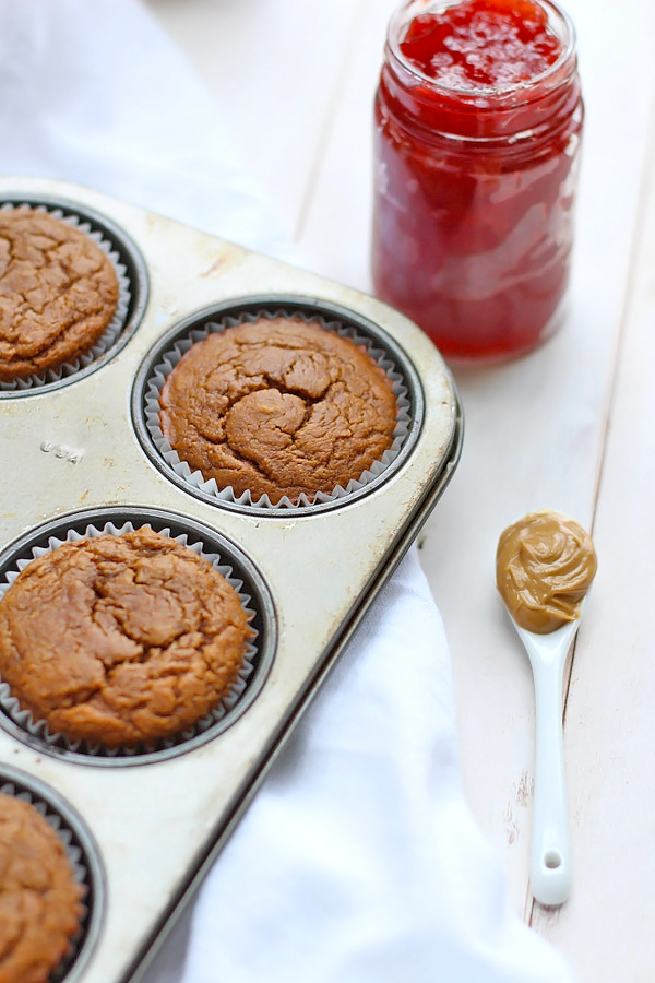 Grain-free Peanut Butter and Jelly Muffins. Gluten Free and packed with protein!