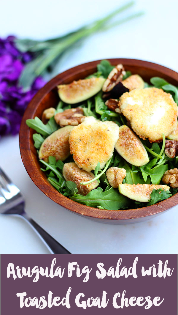 Arugula salad with fresh figs, walnuts and toasted goat cheese. Delicious, full of antioxidants and paleo-friendly!