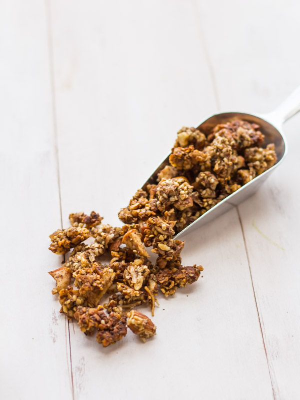 Grain-free Apple Pie Granola. A crunchy, delicious blend of nuts, seeds and apples. The best flavors of fall in every bite!