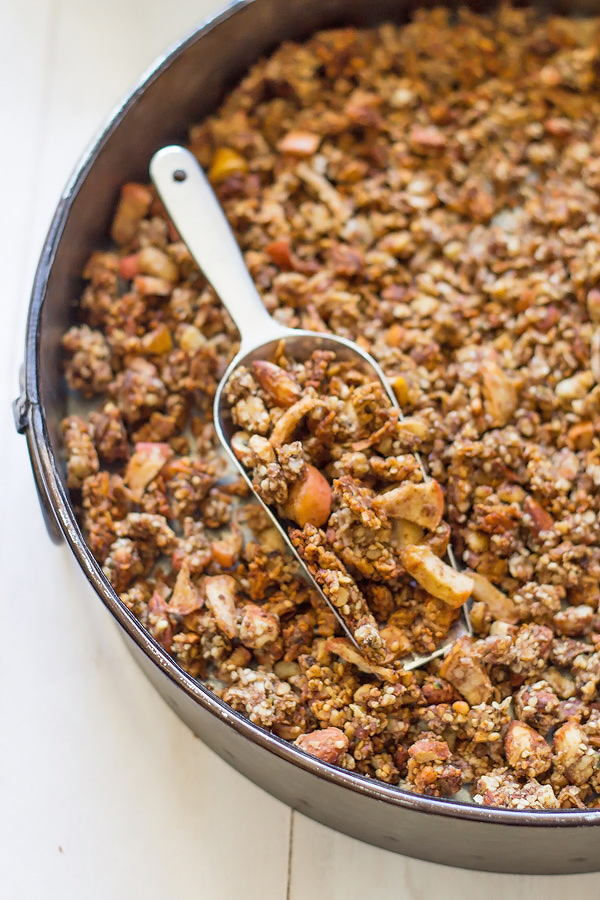 Grain-free Apple Pie Granola. A crunchy, delicious blend of nuts, seeds and apples. The best flavors of fall in every bite!