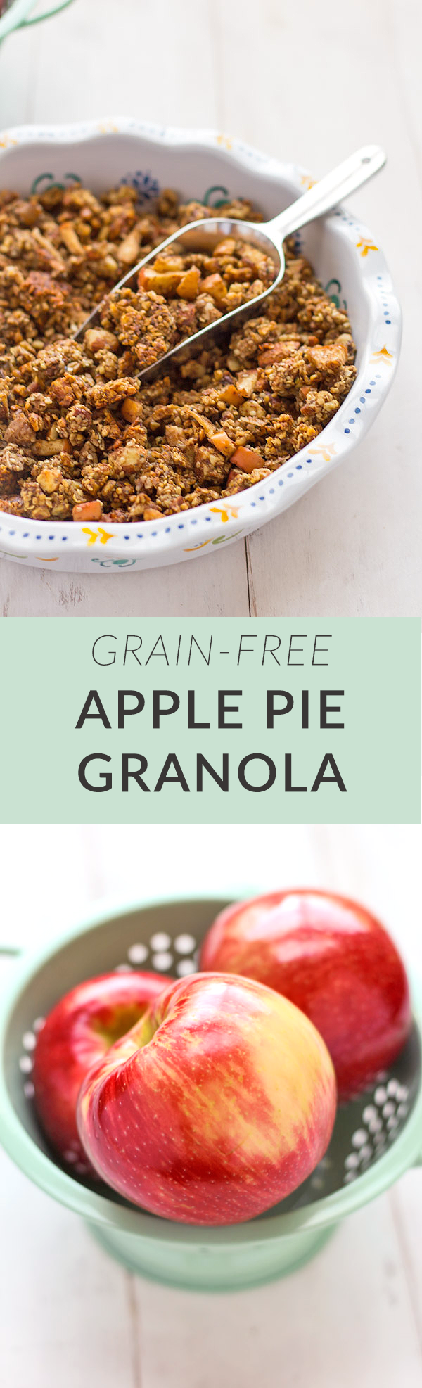 Grain-free Apple Pie Granola. A crunchy, delicious blend of nuts, seeds and apples. The best flavors of fall in every bite!