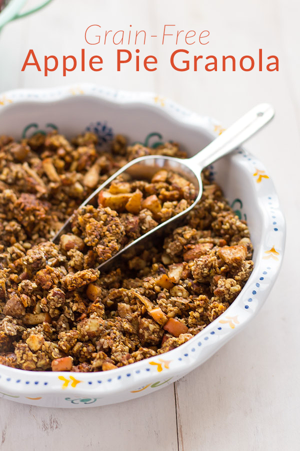 Grain-free Apple Pie Granola. A crunchy, delicious blend of nuts, seeds and apples. The best flavors of fall in every bite!