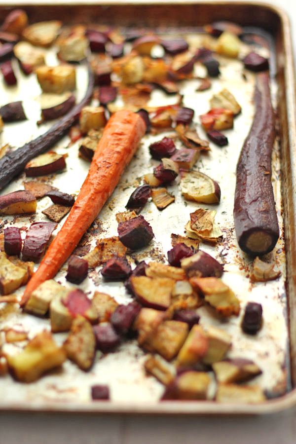 AMAZING Roasted Root Veggies with dairy-free green goddess dip!