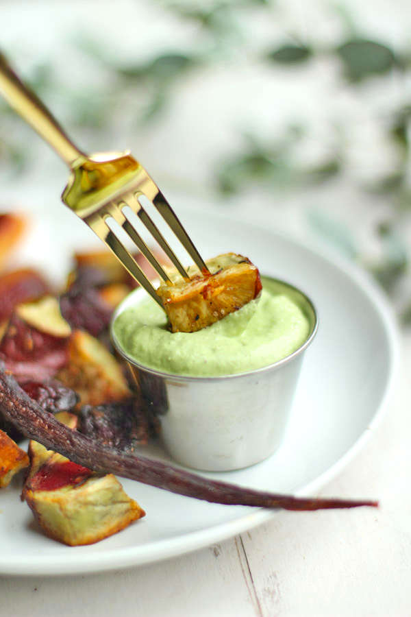 AMAZING Roasted Root Veggies with dairy-free green goddess dip!