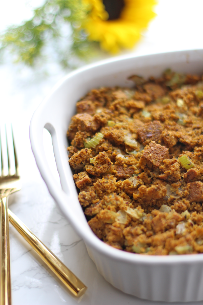 Easy gluten-free cornbread stuffing. The perfect addition to your holiday table!