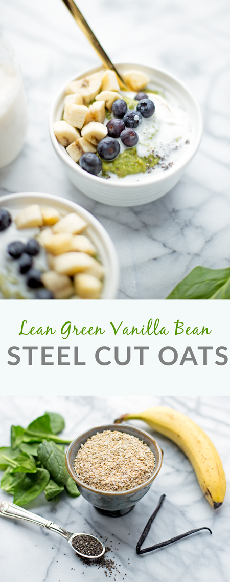 This lean, green vanilla bean steel cut oatmeal is a healthy breakfast all-star! It is the perfect way to sneak some extra veggies in at breakfast.