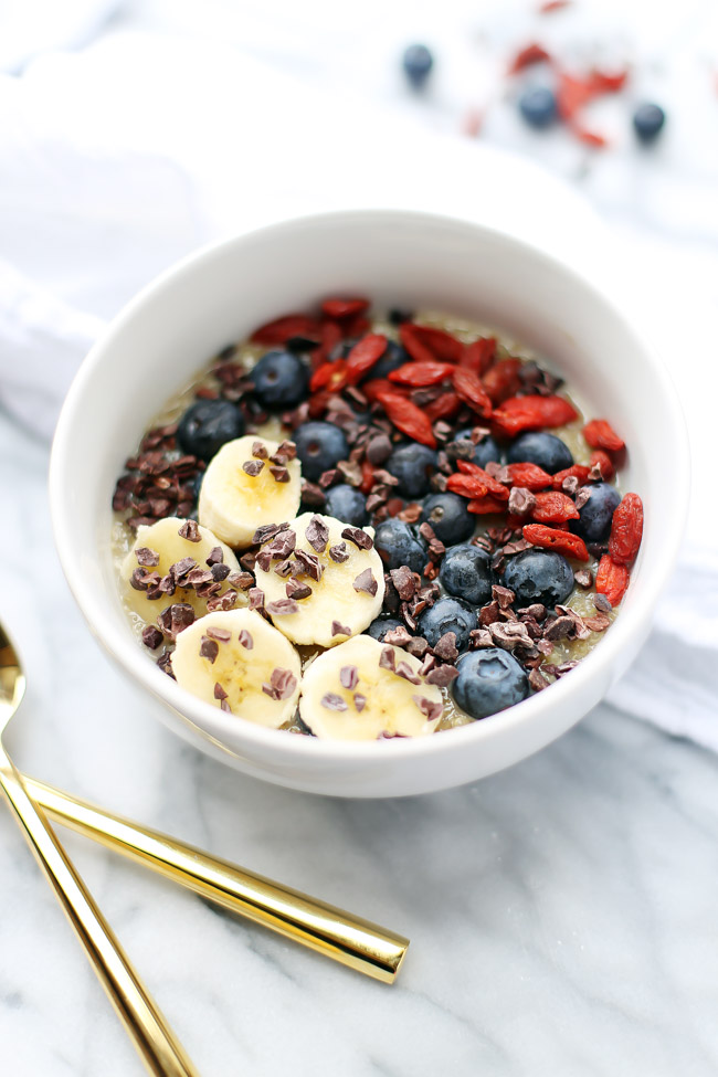 This superfood-packed quinoa breakfast bowl is creamy, satisfying and bursting with nutrients