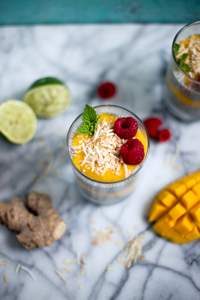 Sweet chia pudding is layered with a mango puree to make a unique and delicious breakfast!