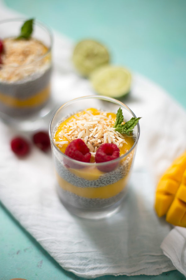 Sweet chia pudding is layered with a mango puree to make a unique and delicious breakfast!