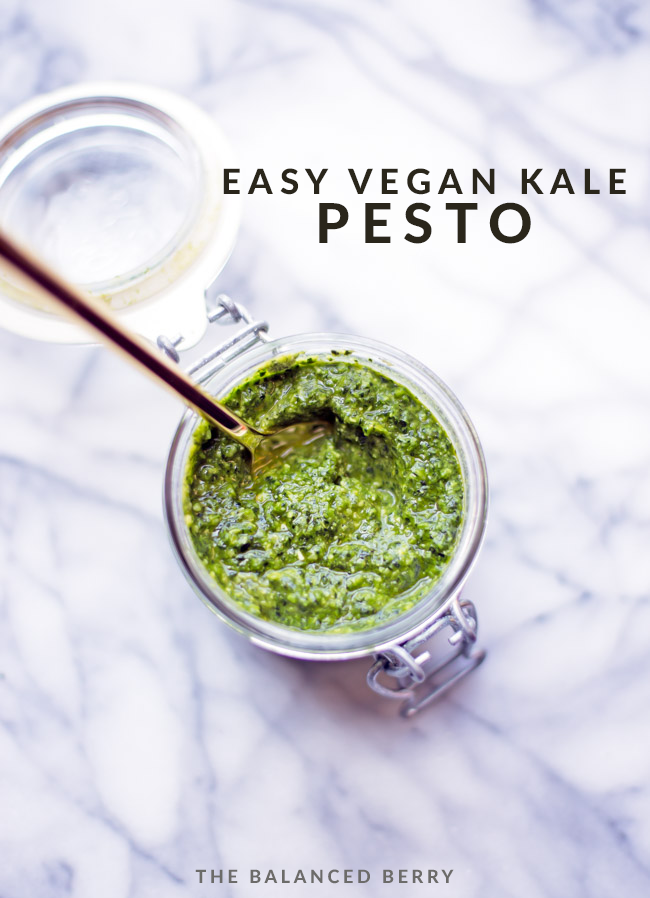 This kale pesto is completely vegan and comes together in just a few minutes in the food processor. 