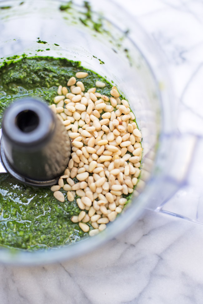 This kale pesto is completely vegan and comes together in just a few minutes in the food processor. 