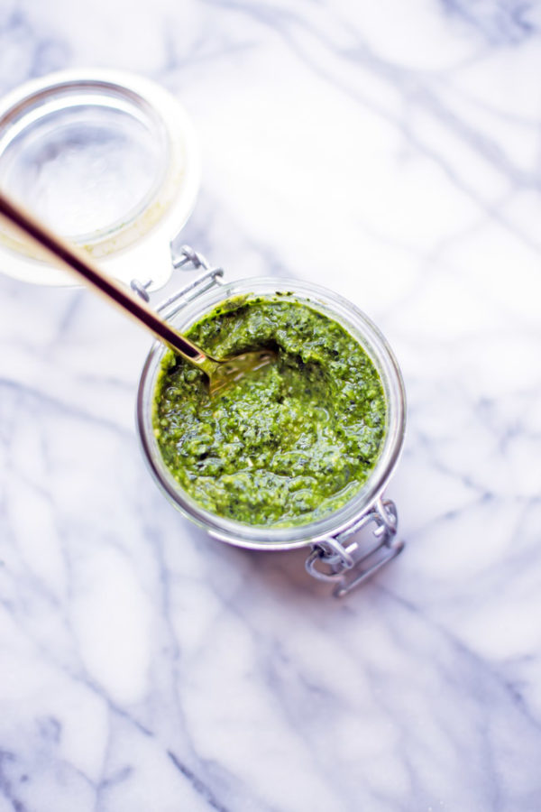 This kale pesto is completely vegan and comes together in just a few minutes in the food processor.