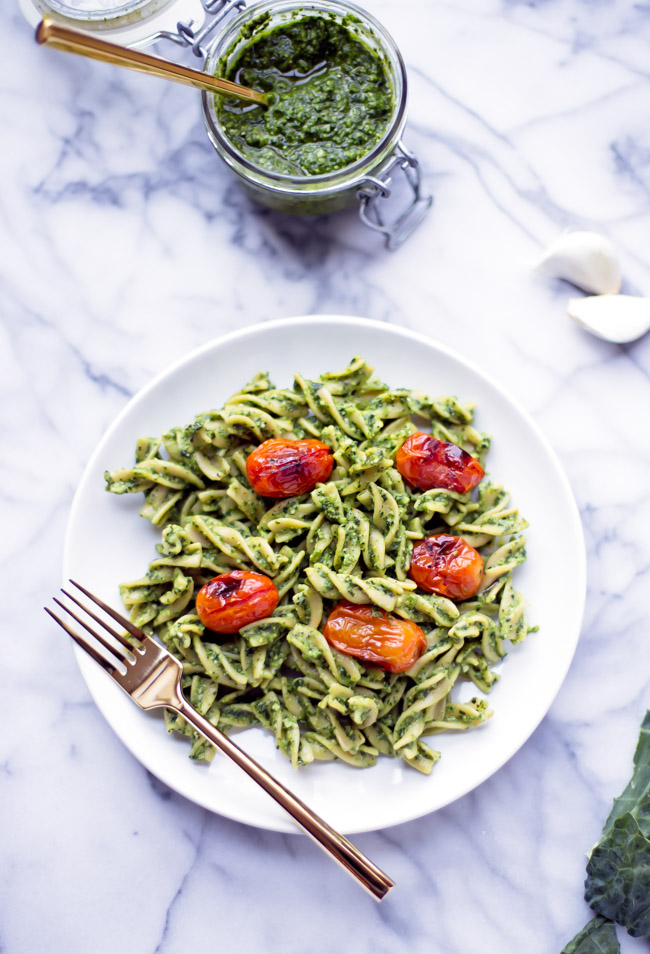 This kale pesto is completely vegan and comes together in just a few minutes in the food processor.