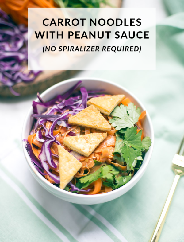 In a small bowl, whisk together the ingredients for the peanut sauce until smooth. It takes a bit of stirring to break down the peanut butter. Heat a skillet over medium heat and add the cooking oil. Add the carrot noodles to the pan and lightly saute until they just begin to soften, about 1-2 minutes. Pour the peanut sauce into the pan, and continue to saute until all the noodles are coated. You don’t want to keep the carrot noodles on the heat for too long, otherwise they will get mushy. Top with desired toppings of choice and serve immediately.