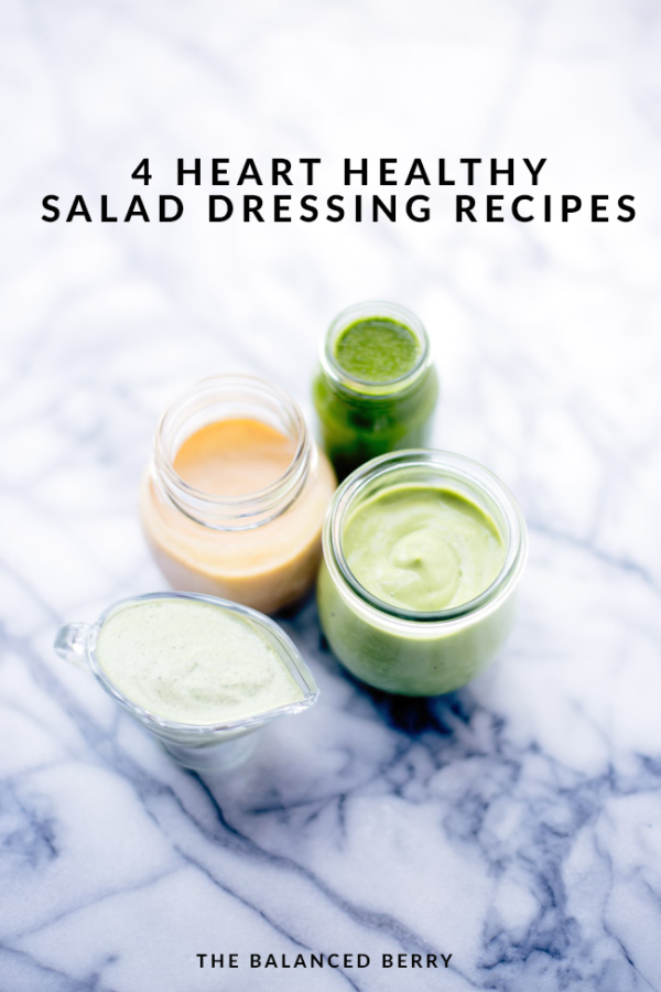 Brighten up your salad with four healthy salad dressing recipes! Garlic Basil, Herby Vegan Ranch, Avocado Cilantro, Citrus Maple Cayenne.
