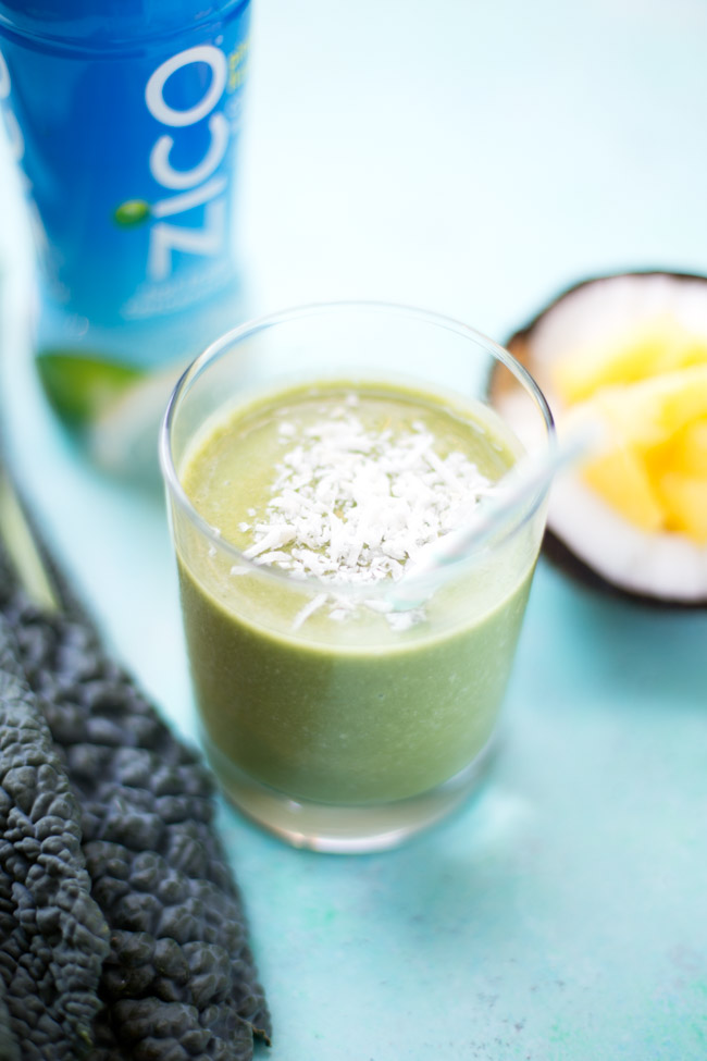 This breakfast-friendly piña colada smoothie is packed with nutrients, and is a mocktail you can feel good about drinking!