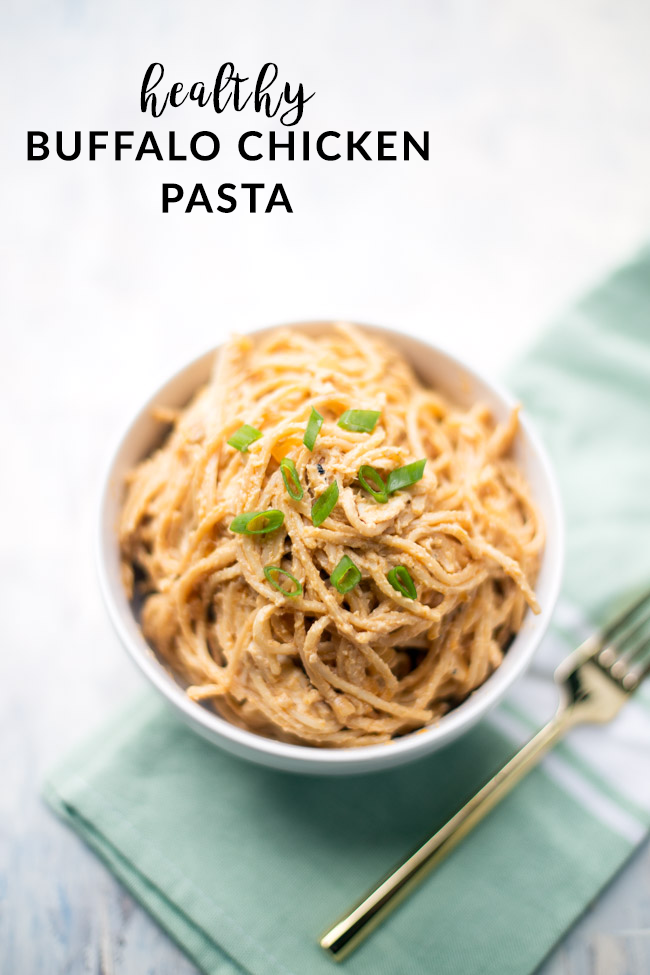 This lightened up buffalo chicken pasta makes the perfect comforting weeknight dinner. It is even gluten free and dairy free!