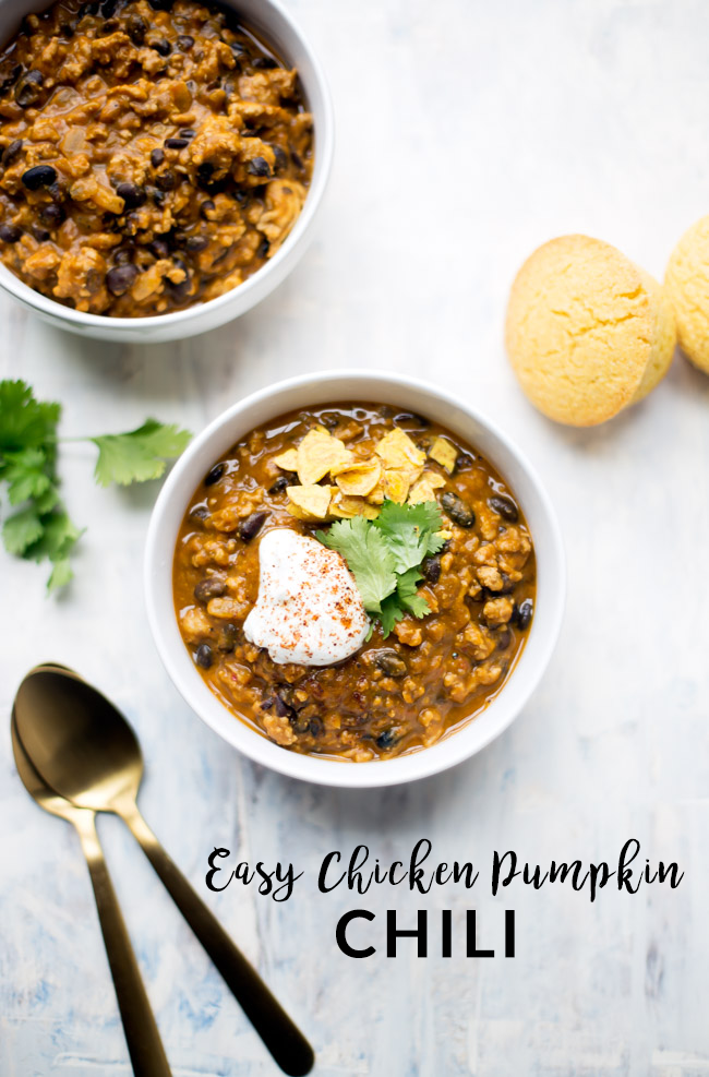 This chicken pumpkin chili is hearty, comforting and made with clean ingredients. Bonus: it only takes about 30 minutes to prepare and is perfect for meal prep!