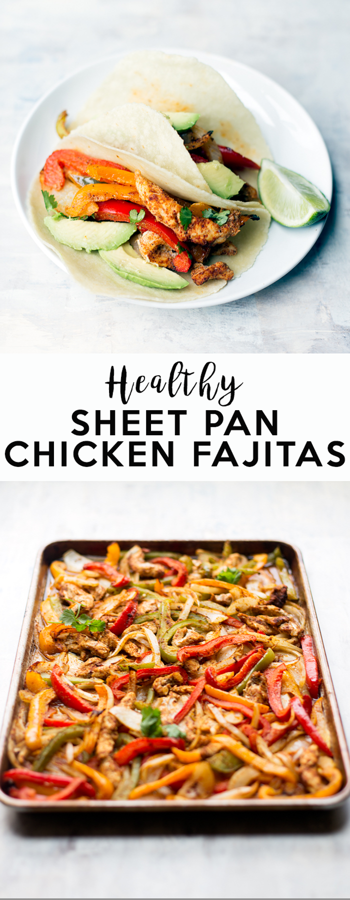 These healthy sheet pan chicken fajitas are made with simple, clean ingredients and come together on one pan. They are easy to make, and are perfect for feeding a crowd!