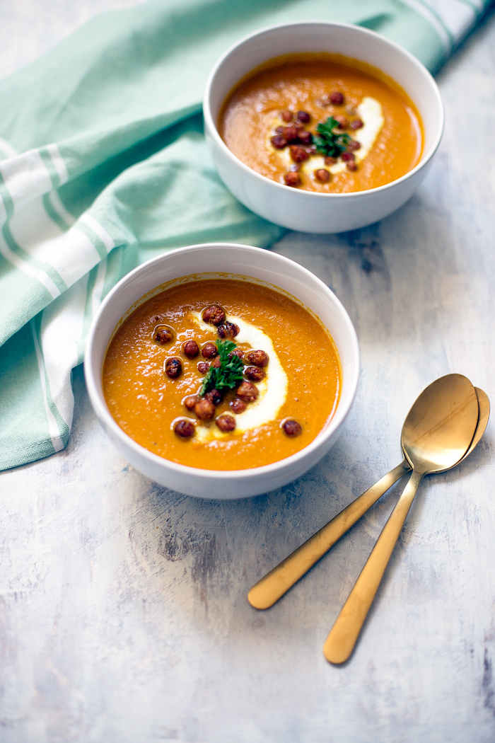 You will love this simple, nourishing carrot turmeric soup. It is topped with spiced crispy chickpeas and is good for the body and soul. 