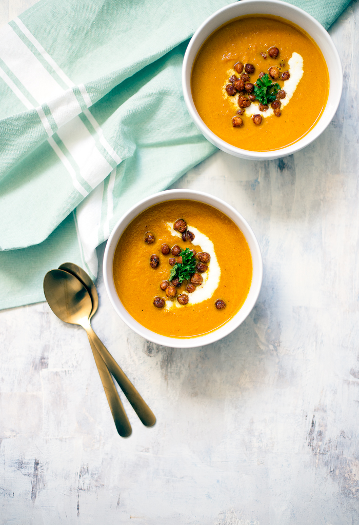 You will love this simple, nourishing carrot turmeric soup. It is topped with spiced crispy chickpeas and is good for the body and soul. 