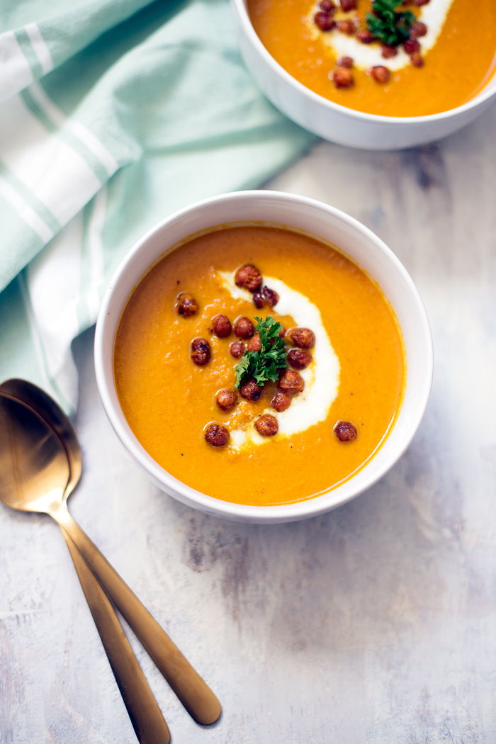 You will love this simple, nourishing carrot turmeric soup. It is topped with spiced crispy chickpeas and is good for the body and soul. 