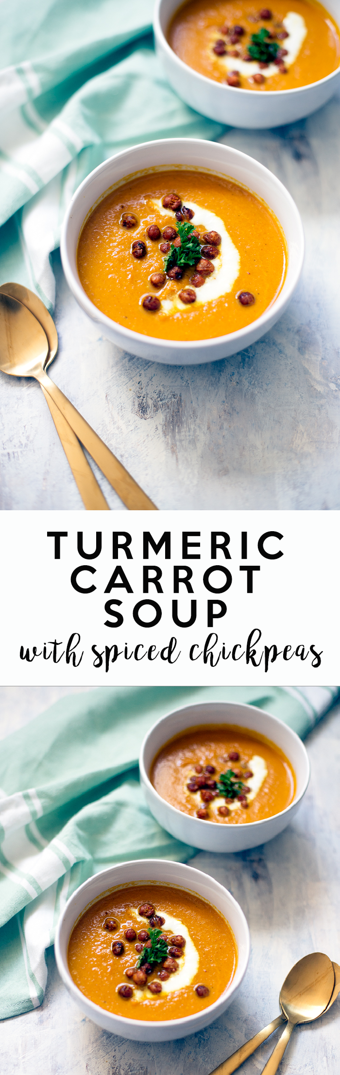 You will love this simple, nourishing carrot turmeric soup. It is topped with spiced crispy chickpeas and is good for the body and soul. 