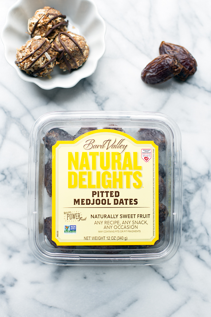 These energy bites are reminiscent of your favorite Girl Scout Cookie. They’re packed with healthy ingredients like Natural Delights Medjool Dates, seeds, and toasted coconut.