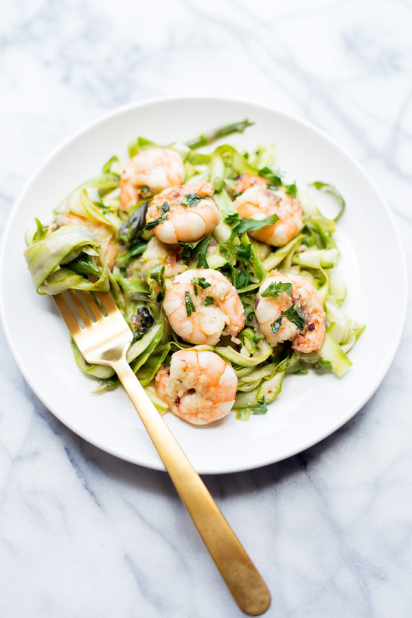 This lemon garlic shrimp with asparagus noodles is the perfect light summer dinner that is easy to make and comes together in minutes!