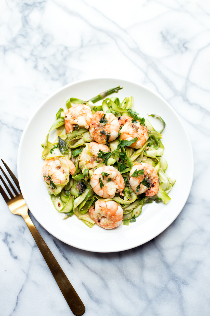 This lemon garlic shrimp with asparagus noodles is the perfect light summer dinner that is easy to make and comes together in minutes!