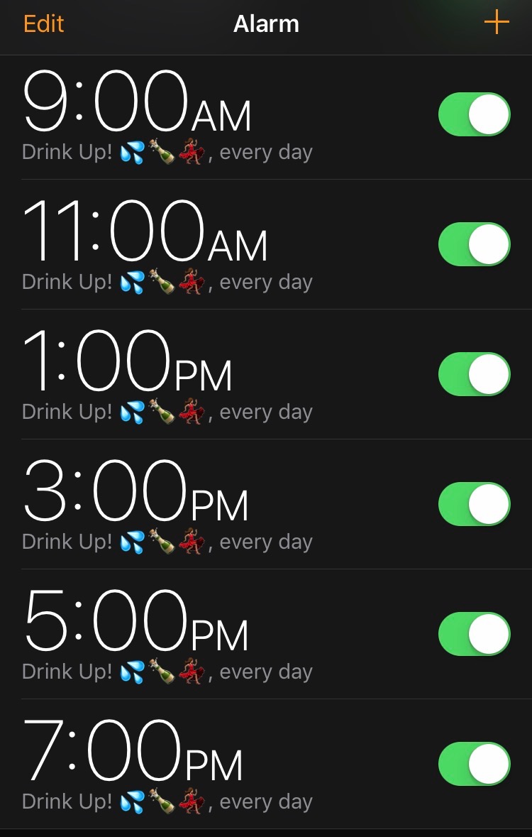Tips for remembering to drink enough water - set alarms on your phone to remind you to sip throughout the day