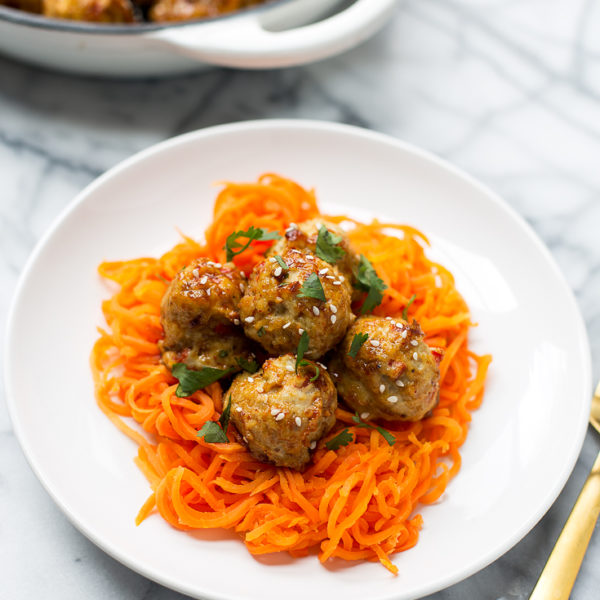 Paleo Chicken Teriyaki Meatballs with Carrot Noodles