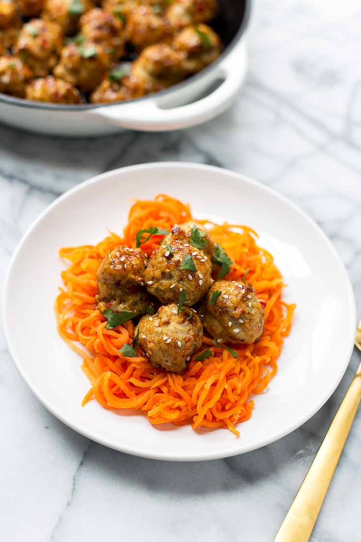 These Paleo Teriyaki Chicken Meatballs are bursting with flavor and are delicious served over carrot noodles. They make the perfect easy weeknight real food dinner.