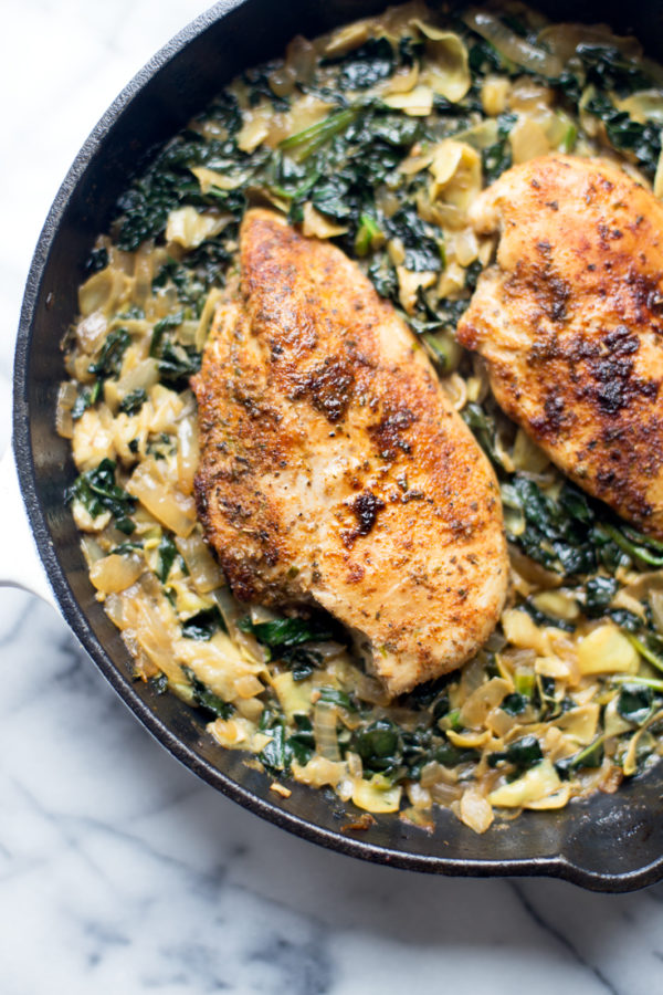 This Kale, Spinach, and Artichoke Chicken Skillet is the perfect 1-pan meal when you don’t have a ton of time to cook, but want a hearty dinner. It is easy to make, flavorful and is paleo and Whole30-friendly.