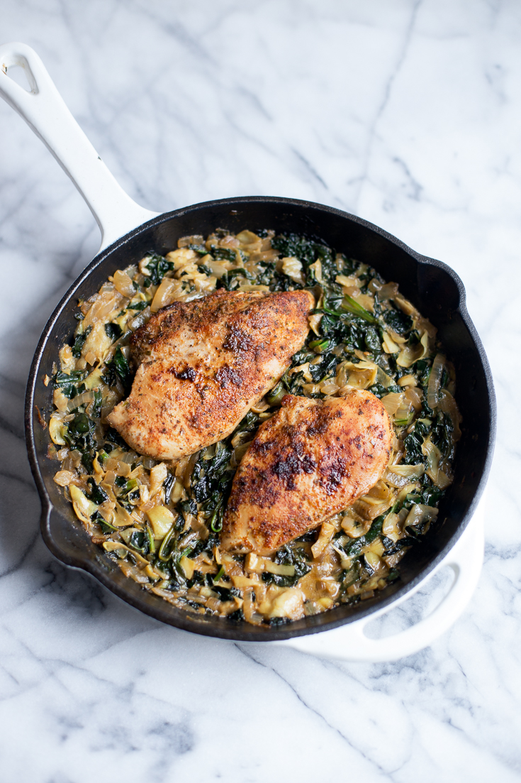 This Kale, Spinach, and Artichoke Chicken Skillet is the perfect 1-pan meal when you don’t have a ton of time to cook, but want a hearty dinner. It is easy to make, flavorful and is paleo and Whole30-friendly.