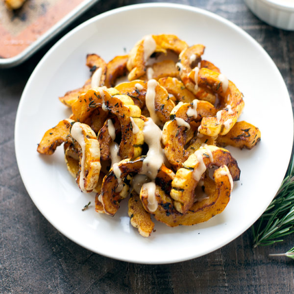 Sweet and Savory Delicata Squash with Maple Tahini Sauce