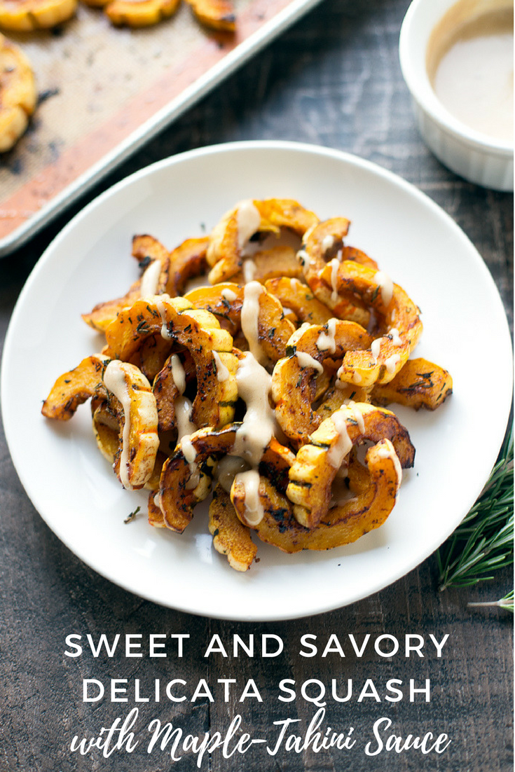 This sweet and savory roasted delicata squash makes the perfect comforting side dish! The maple-tahini sauce adds a subtle sweetness that takes it over the top.