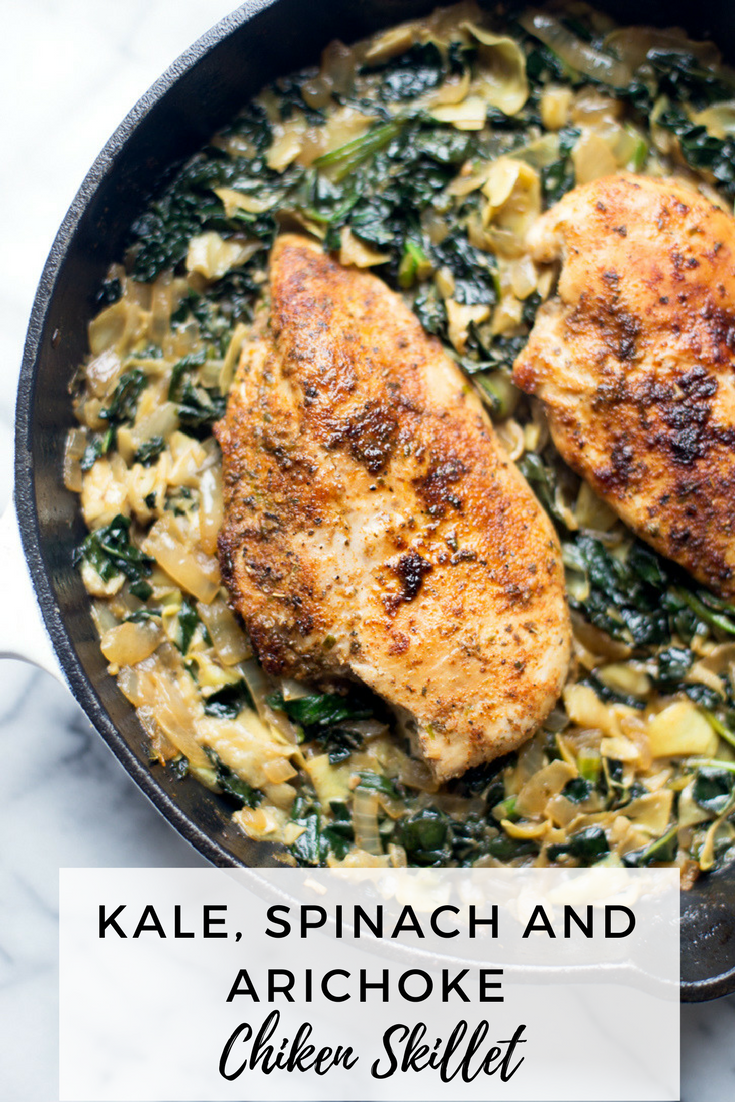 This Kale, Spinach, and Artichoke Chicken Skillet is the perfect 1-pan meal when you don’t have a ton of time to cook, but want a hearty dinner. It is easy to make, flavorful and is paleo and Whole30-friendly.